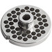 A silver stainless steel circular Backyard Pro grinder plate with 1/4" holes.