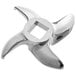 A stainless steel curved grinder knife with a square cut out in the center.