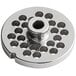 A stainless steel Backyard Pro grinder plate with 5/16" holes.