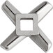 A silver stainless steel Backyard Pro #12 grinder knife with four holes in a cross shape.