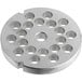 A stainless steel flat grinder plate with circular holes.