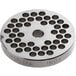 A Backyard Pro stainless steel flat grinder plate with 1/4" holes.