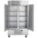 A stainless steel Beverage-Air reach-in refrigerator with two solid doors.