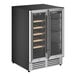 A dual-section, dual-temperature commercial wine cooler with full glass doors and multiple shelves.