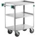 A Regency stainless steel utility cart with three shelves and wheels.