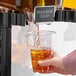 A hand pouring Narvon unsweetened iced tea concentrate into a glass on a counter.
