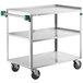 A Regency stainless steel utility cart with three shelves and wheels.