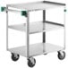 A Regency stainless steel utility cart with three shelves and wheels.