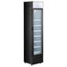 A black Galaxy GDN-5 glass door refrigerator with shelves.