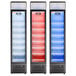 A Galaxy black merchandising refrigerator with red, white, and blue LED lighting on the glass doors.