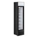 A tall, black swing glass door merchandiser refrigerator with multiple shelves and LED lighting.