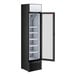 A tall black swing glass door merchandiser refrigerator with multiple shelves and interior LED lighting.