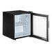 A black Galaxy countertop refrigerator with a glass door open.