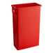 A red plastic Lavex rectangular trash can.