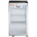 A black Galaxy countertop display refrigerator with an open glass door.