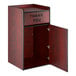 A mahogany-colored waste receptacle enclosure with a swing door labeled 'THANK YOU' and an open lower cabinet.