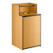 A natural wood waste receptacle enclosure with a drop hole and tray shelf, designed to hold a 32-gallon container.