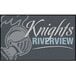 A grey rectangular carpet with white text that reads "Kings Riverview"