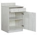 a white cabinet with open shelves