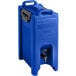A blue plastic CaterGator insulated beverage dispenser with a handle.