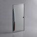 A white sliding glass door with a brown handle.