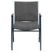 A gray fabric chair with a metal frame and wooden armrests.