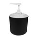 A black plastic Carlisle condiment pump container with a white pump.