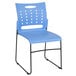 a blue plastic chair with black legs