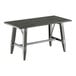 A rectangular solid wood table with a live edge design, trestle base, and slate gray finish.