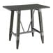 A Lancaster Table & Seating bar height table with a wooden live edge top and slate gray metal trestle base.