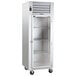 A white Traulsen G Series reach-in refrigerator with a right-hinged glass door.