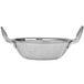 A close-up of a silver Libbey stainless steel bowl with handles.