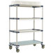 A MetroMax 4 mobile three tier metal tray drying rack on wheels.