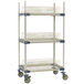 A white MetroMax 4 mobile three tier tray drying rack with blue accents.