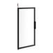 A black metal refrigerator door with a white rectangular window.