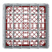 A white and red plastic Cambro glass rack with a grid pattern.