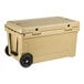 A tan CaterGator outdoor cooler with black wheels.