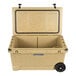 A large tan CaterGator outdoor cooler with black wheels.