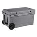 A grey CaterGator outdoor cooler with wheels.