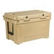 a tan cooler with black handle