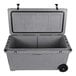 A gray CaterGator outdoor cooler with wheels.