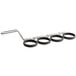 A metal Prince Castle egg ring holder with black rings.