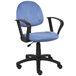 A blue Boss office chair with black arms.