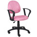 A pink office chair with black arms.