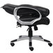 A Boss black leather office chair with silver accents and wheels.
