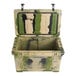 a camouflaged cooler with lid open