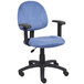 A blue Boss office chair with black wheels and arms.