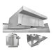 A commercial kitchen hood system package with a stainless steel hood, a makeup air unit, and a vent component.