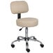 A beige office stool with wheels and a backrest.