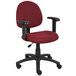 A burgundy Boss office chair with adjustable arms and black wheels.